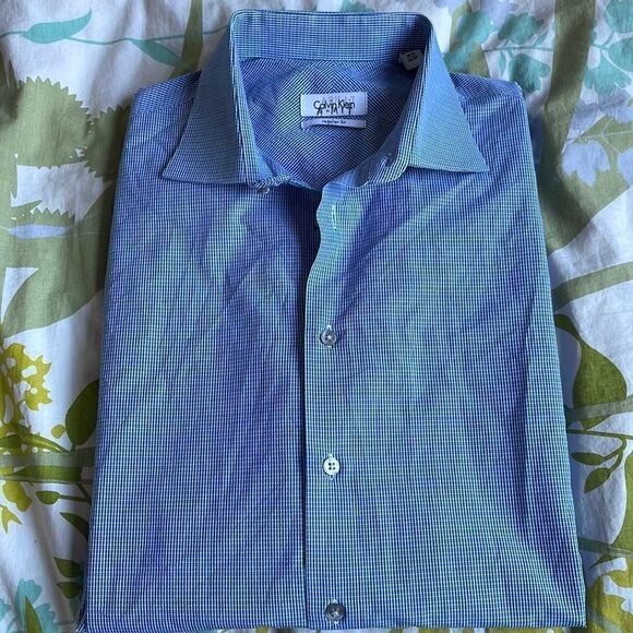 EUC! Calvin Klein Blue Tiny Plaid Print LS Button Down - Picture 1 of 5